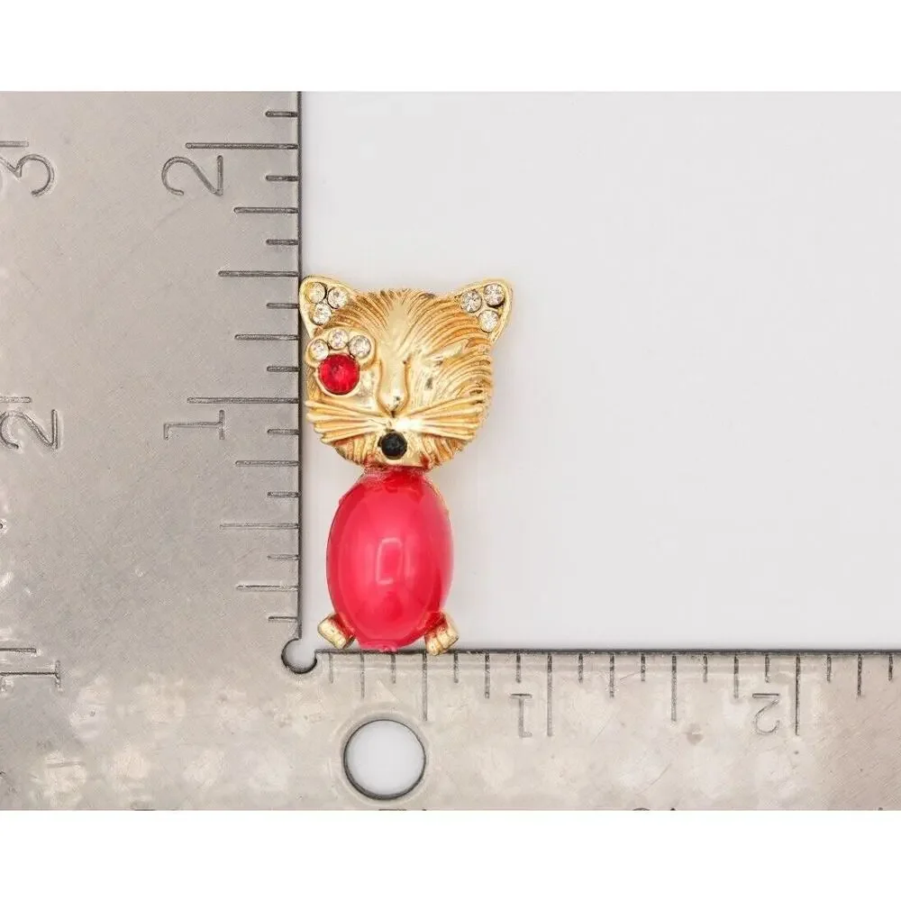 Vintage Winking Cat Pin Brooch Kissy Face Cabochon Crystal Gold 1980s BinATa